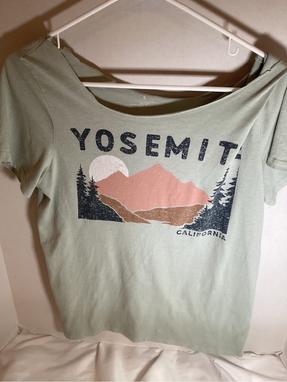 Yosemite  Scoop Neck Tee ,- Sage Green. , Chopped Neck & Sleeves. Small Size